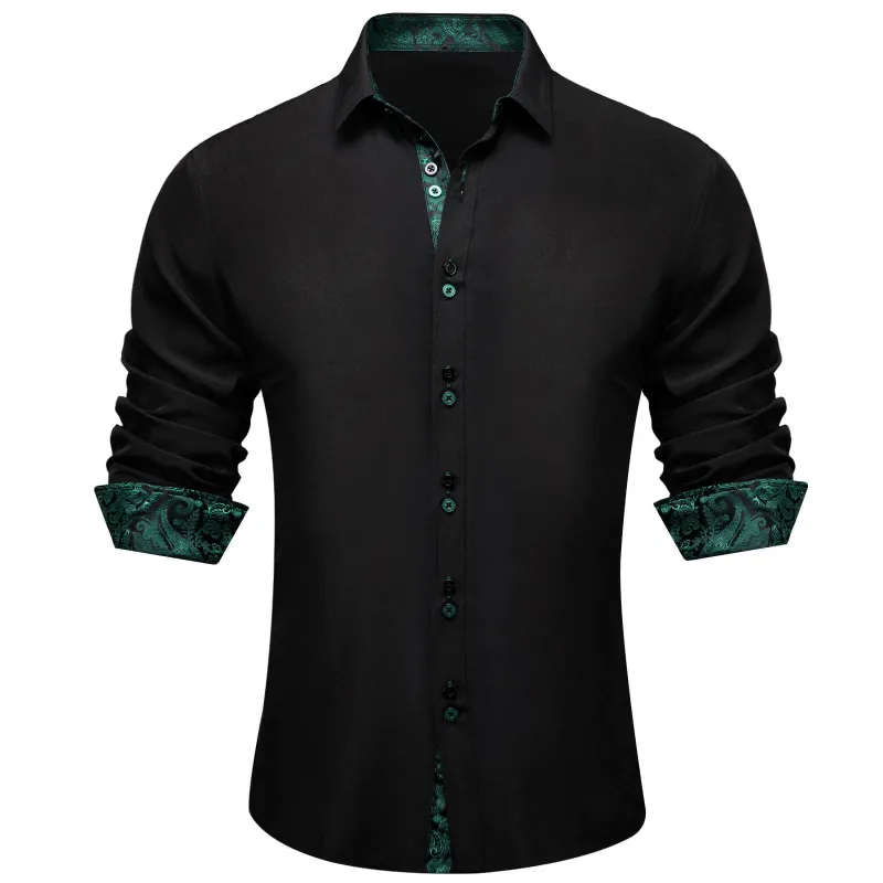 Ties2you Men's Shirt Black Solid Green Paisley Splicing Silk Shirt sold by Ties2You