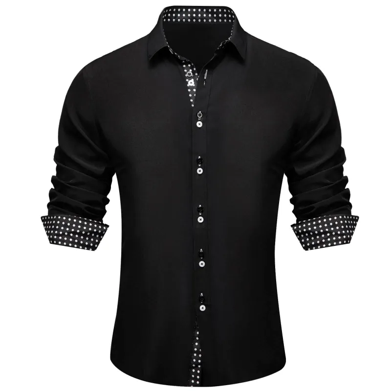 Ties2you Men's Shirt Black Solid White Polka Dots Splicing Silk Shirt sold by Ties2You