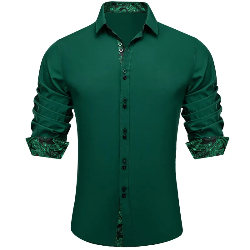 Ties2you Men's Shirt Sapphire Pine Green Solid Silk Long Sleeve Splicing Shirt sold by Ties2You