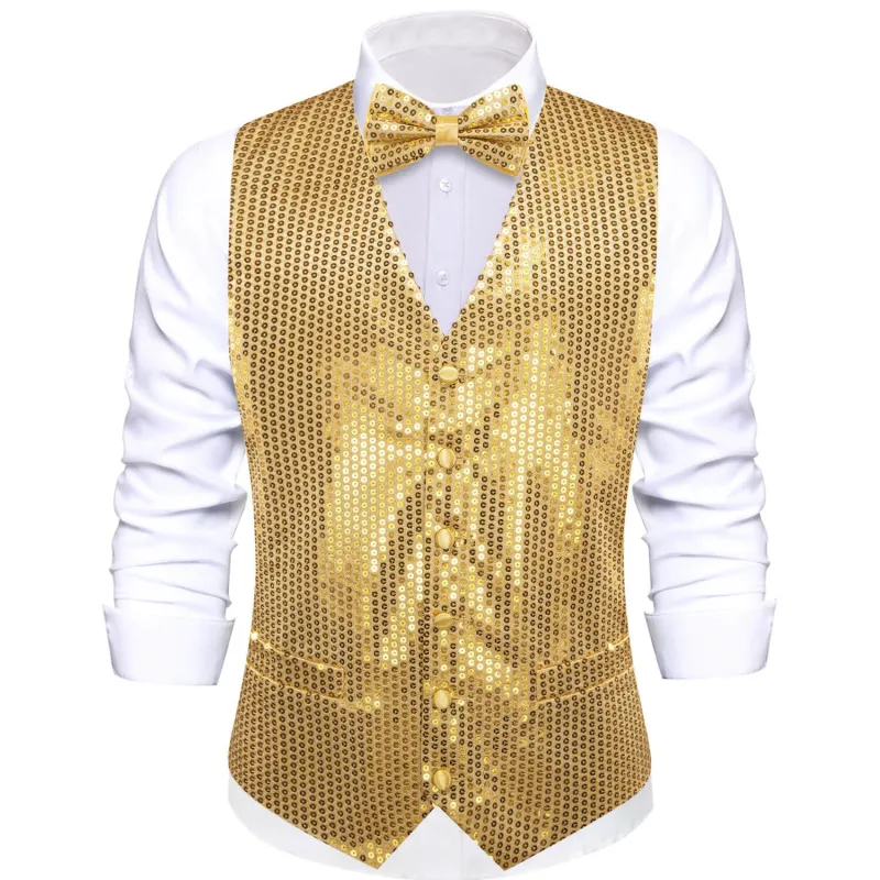Ties2you Men's Vest Shining Gold Sequins Vest Bow Tie Set for Party sold by Ties2You