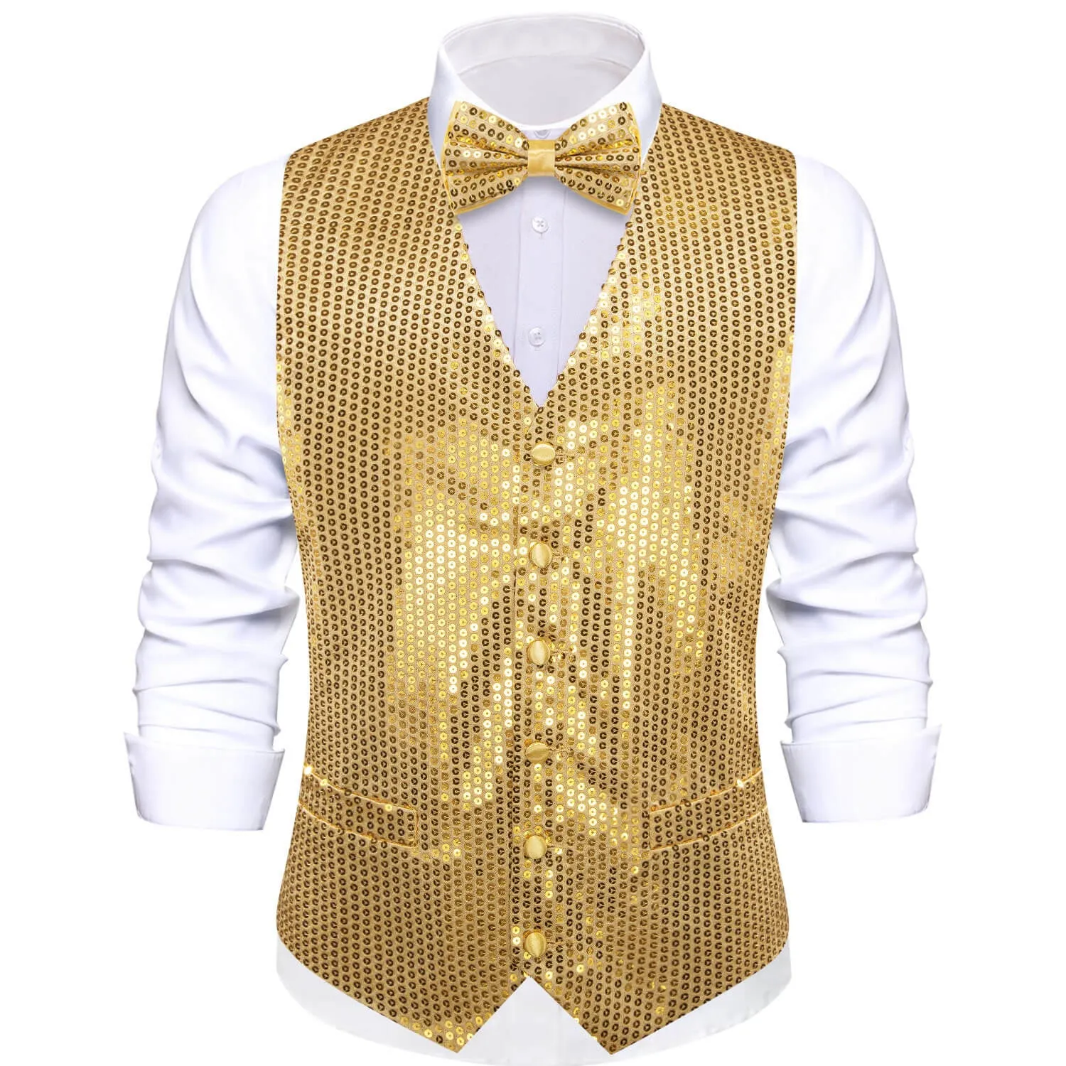 Ties2you Men's Vest Shining Gold Sequins Vest Bow Tie Set for Party sold by Ties2You