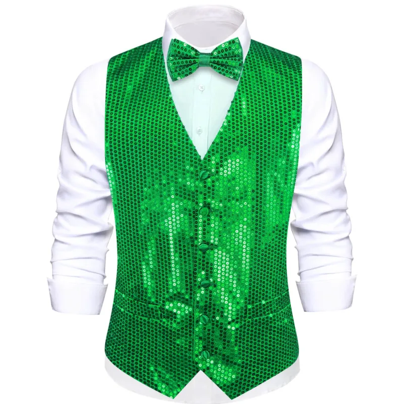 Ties2you Men's Casual Vest Shining Lime Green Sequins Vest Bow Tie Set sold by Ties2You
