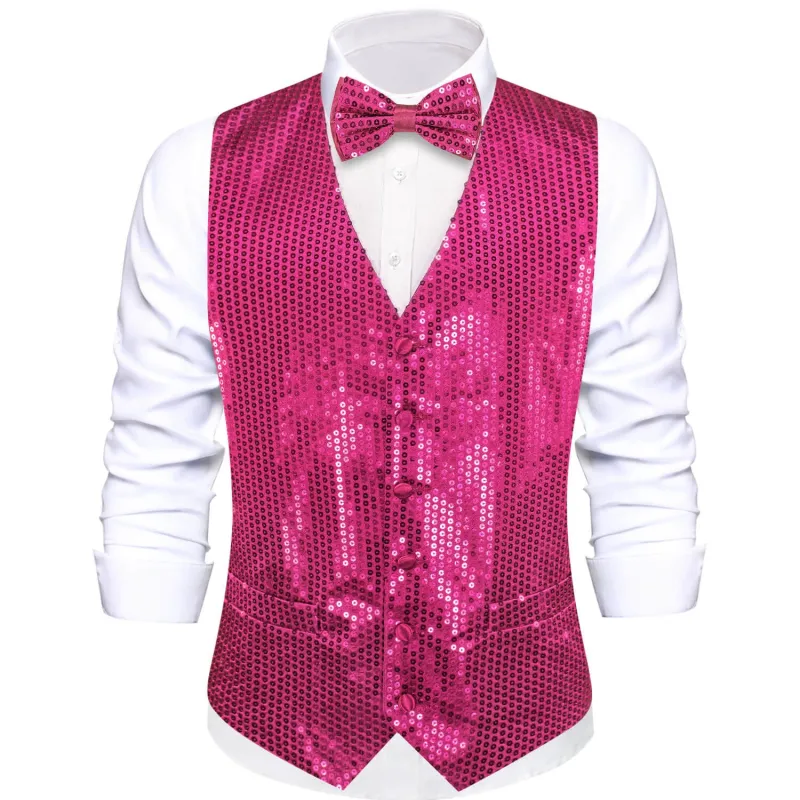 Ties2you Men's Vest Shining Deep Pink Sequins Vest Bow Tie Set sold by Ties2You