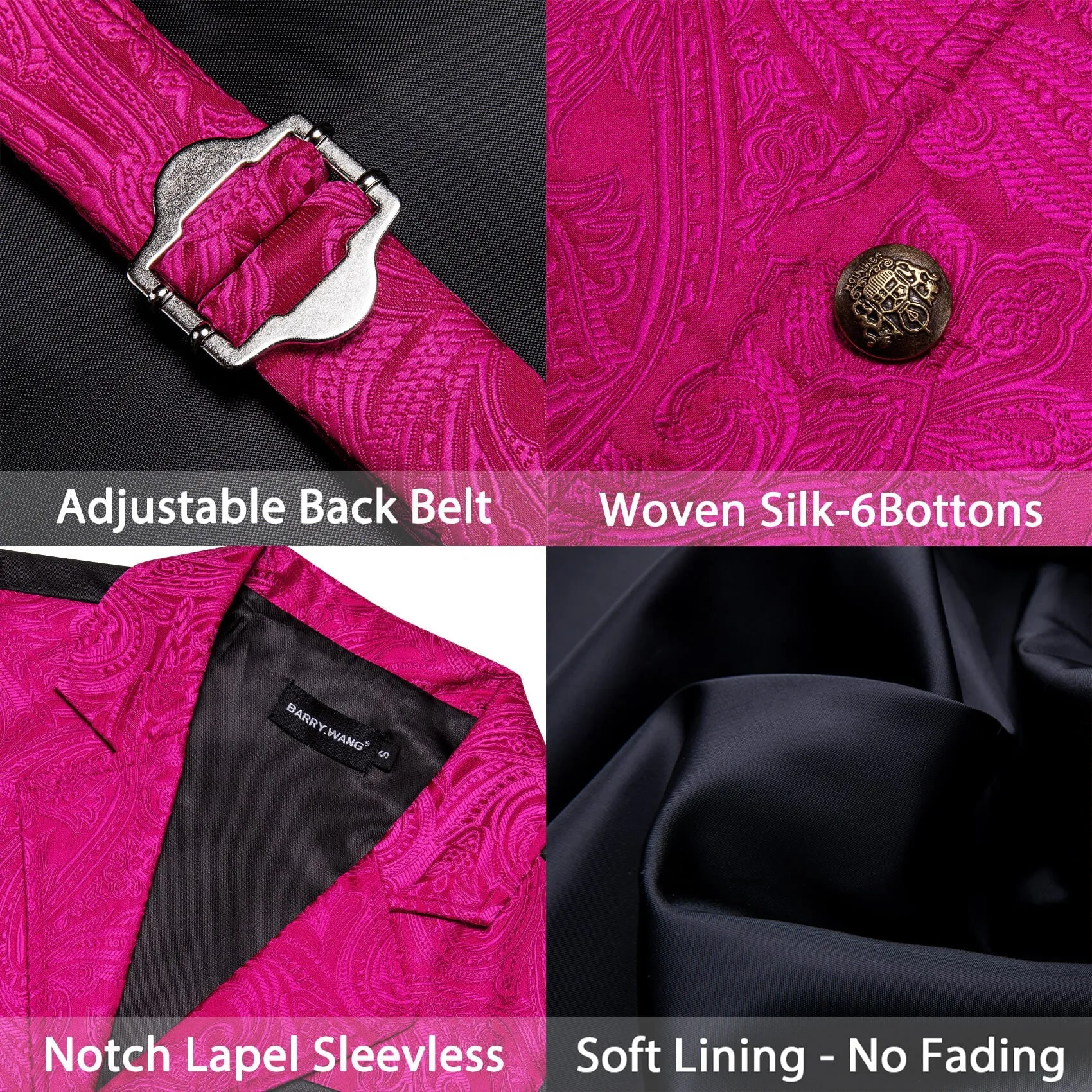 Ties2you Men's Suit Vest Hot Pink Floral Silk Notched Collar Vest sold by Ties2You product image thumbnail 5