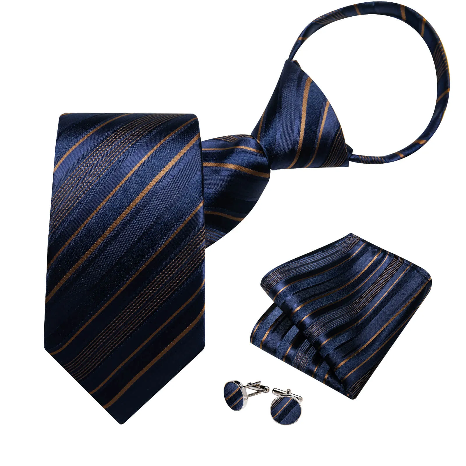 Ties2you Easy-pull Tie Deep Blue Brown Striped Men's Silk Tie Set sold by Ties2You product image thumbnail 3