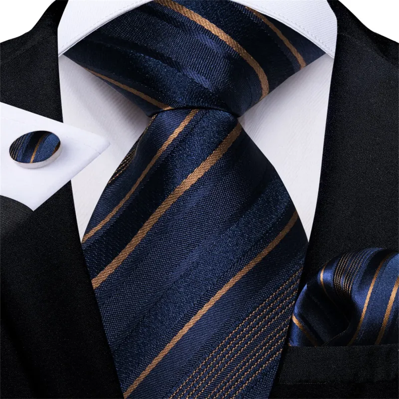 Ties2you Easy-pull Tie Deep Blue Brown Striped Men's Silk Tie Set sold by Ties2You