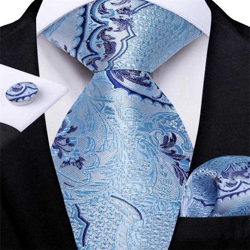 Ties2you Easy-pull Tie Blue Jacquard Woven Floral Men's Silk Tie Set sold by Ties2You