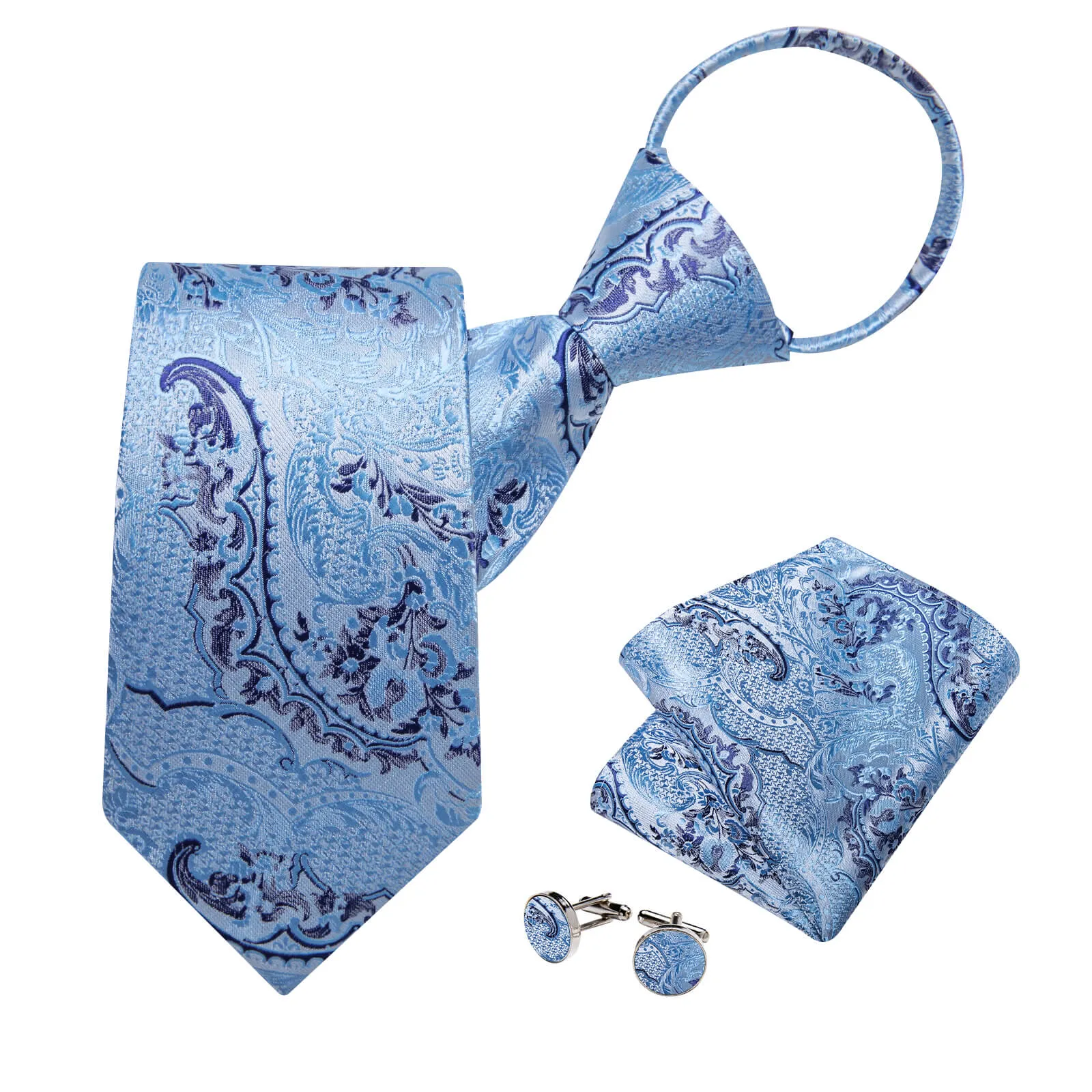 Ties2you Easy-pull Tie Blue Jacquard Woven Floral Men's Silk Tie Set sold by Ties2You product image thumbnail 3