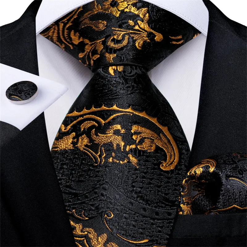 Ties2you Easy-pull Tie Black Gold Floral Men's Silk Tie Set Classic sold by Ties2You