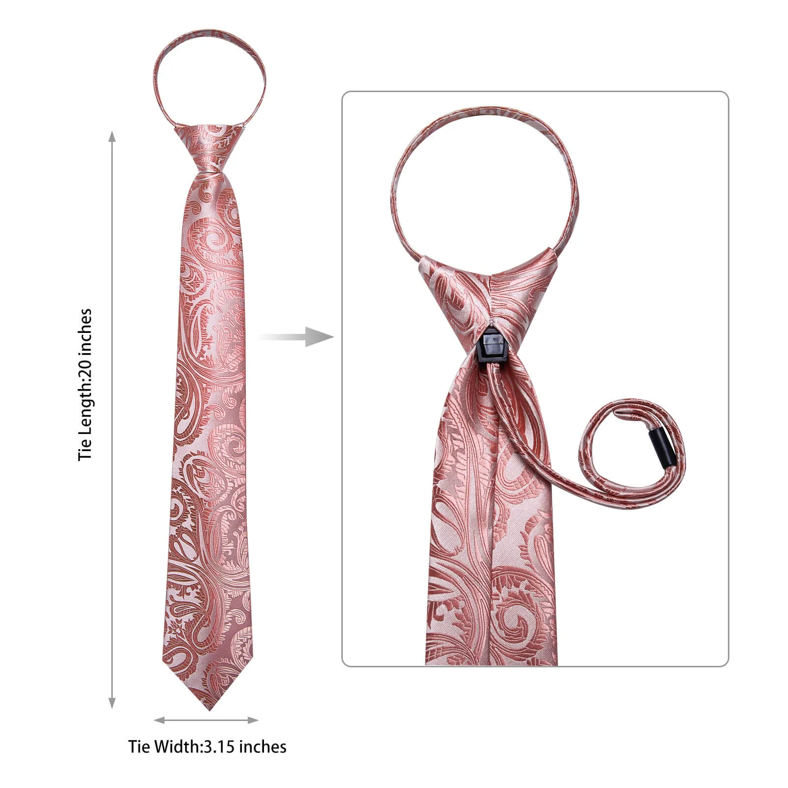 Ties2you Zipper Tie Rose Gold Woven Paisley Pre-tied Tie Necktie Set sold by Ties2You product image thumbnail 5