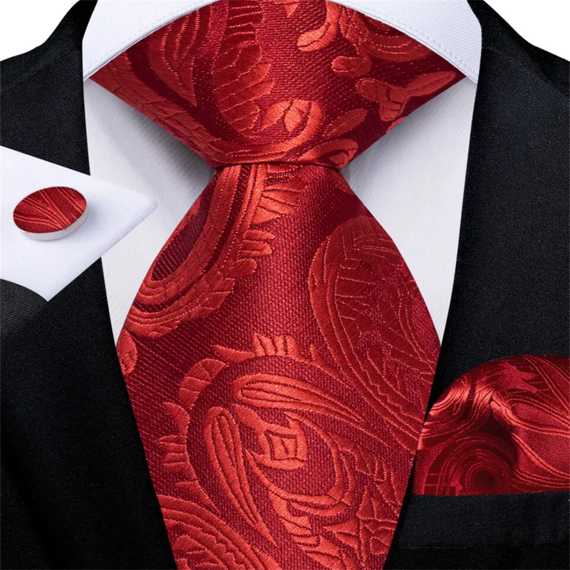 Ties2you Red Tie Paisley Men's Silk Easy-pull Tie Pocket Square Cufflinks Set sold by Ties2You