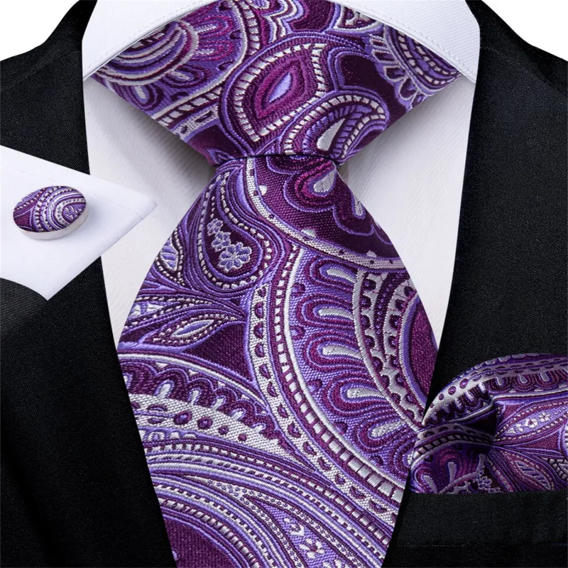 Ties2you Purple Tie White Jacquard Paisley Men's Silk Easy-pull Tie Set sold by Ties2You