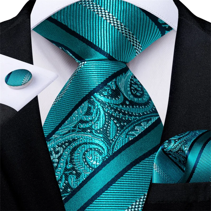 Ties2you Blue Tie Teal Striped Paisley Men's Silk Easy-pull Tie Set sold by Ties2You