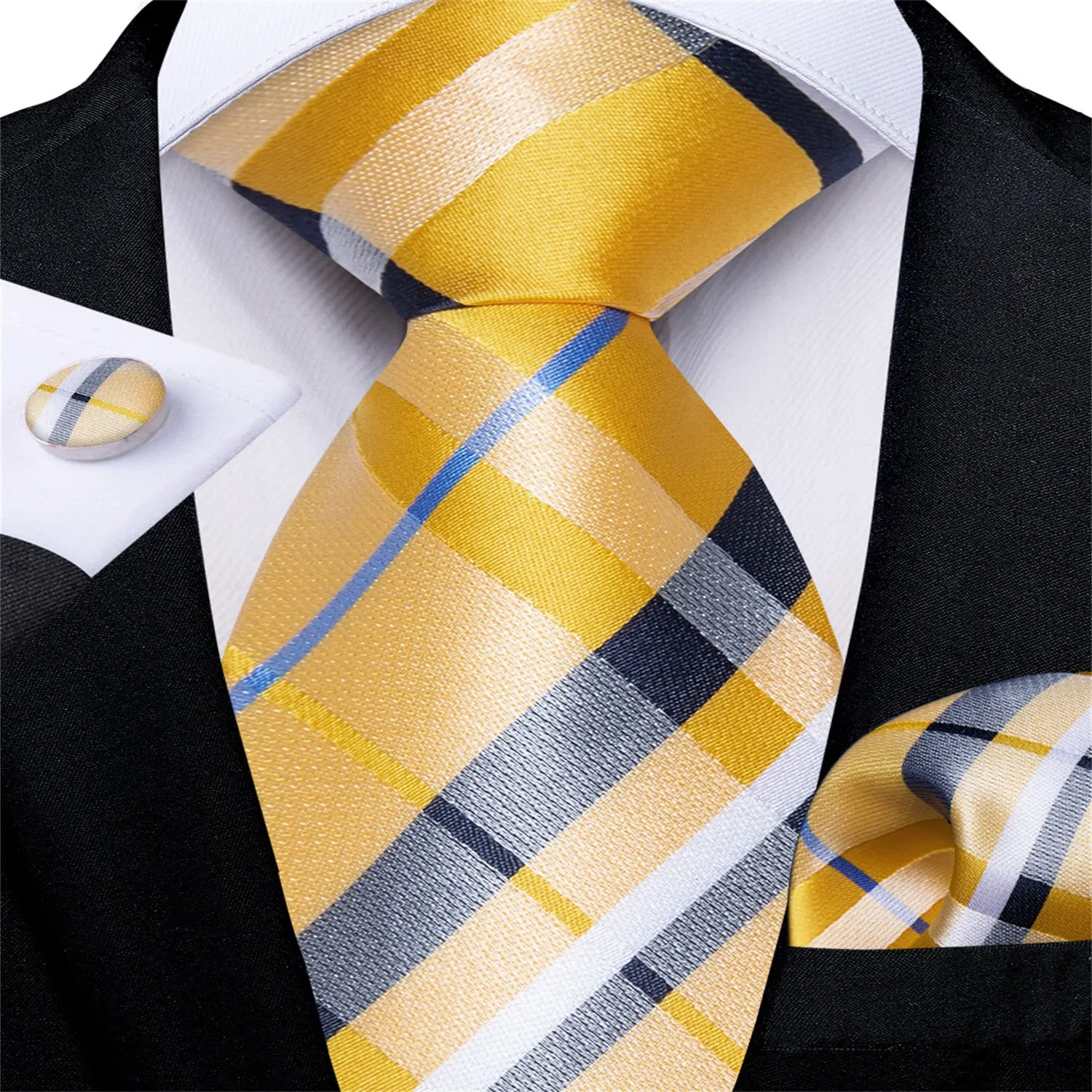Ties2you Bucket Tie Yellow Black White Woven Plaid Men's Silk Tie Set sold by Ties2You