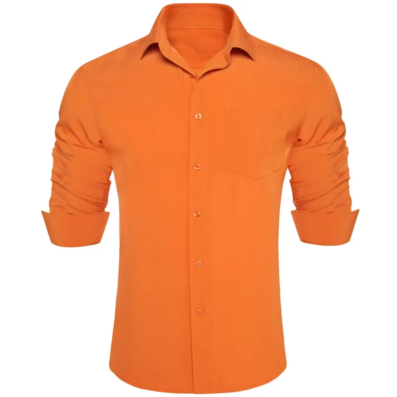 Ties2you Button Down Shirt Carrot Orange Solid Men's Silk Long Sleeve Shirt sold by Ties2You