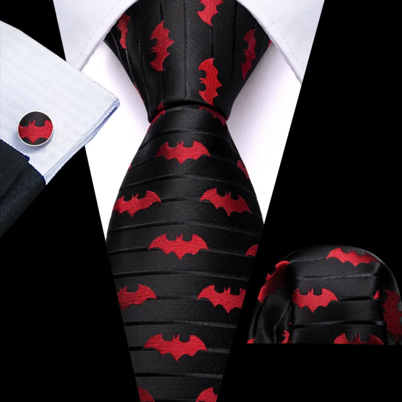 Ties2you Black Tie Red Jacquard Bat Men's Silk Tie Hanky Cufflinks Set sold by Ties2You