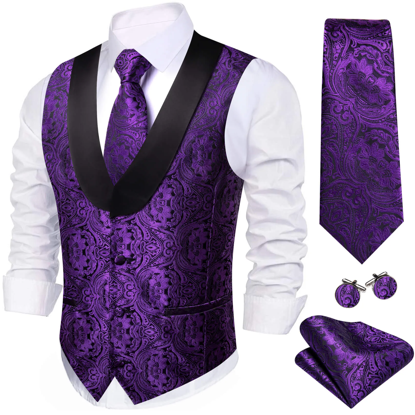 Ties2you Shawl Collar Suit Vest Wedding Purple Paisley Waistcoat Tie Hanky Cufflinks Set sold by Ties2You