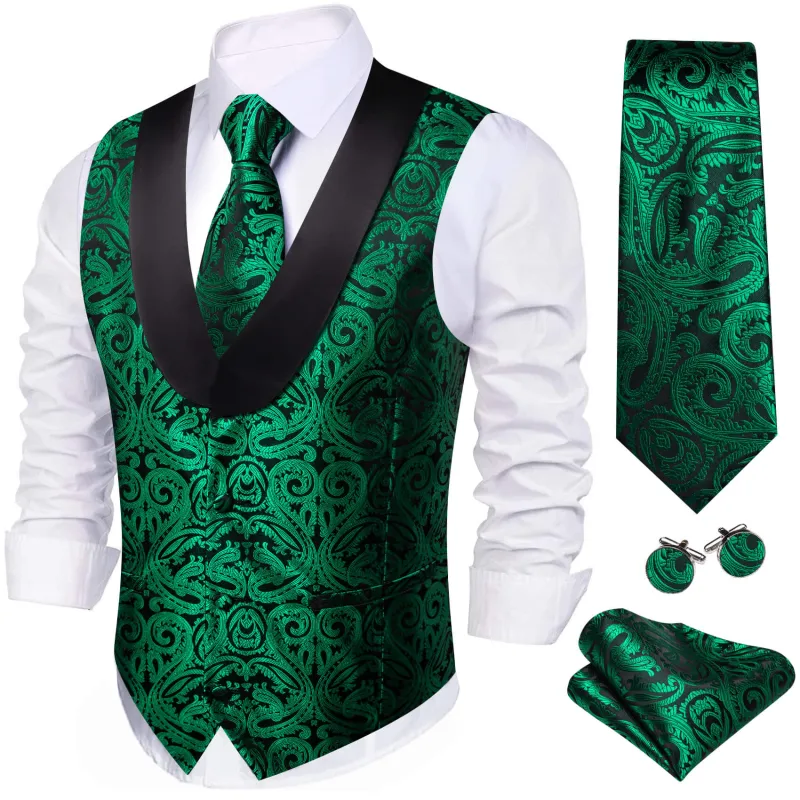 Ties2you Men's Vest Forest Green Paisley Shawl Collar Silk Vest Tie Set sold by Ties2You