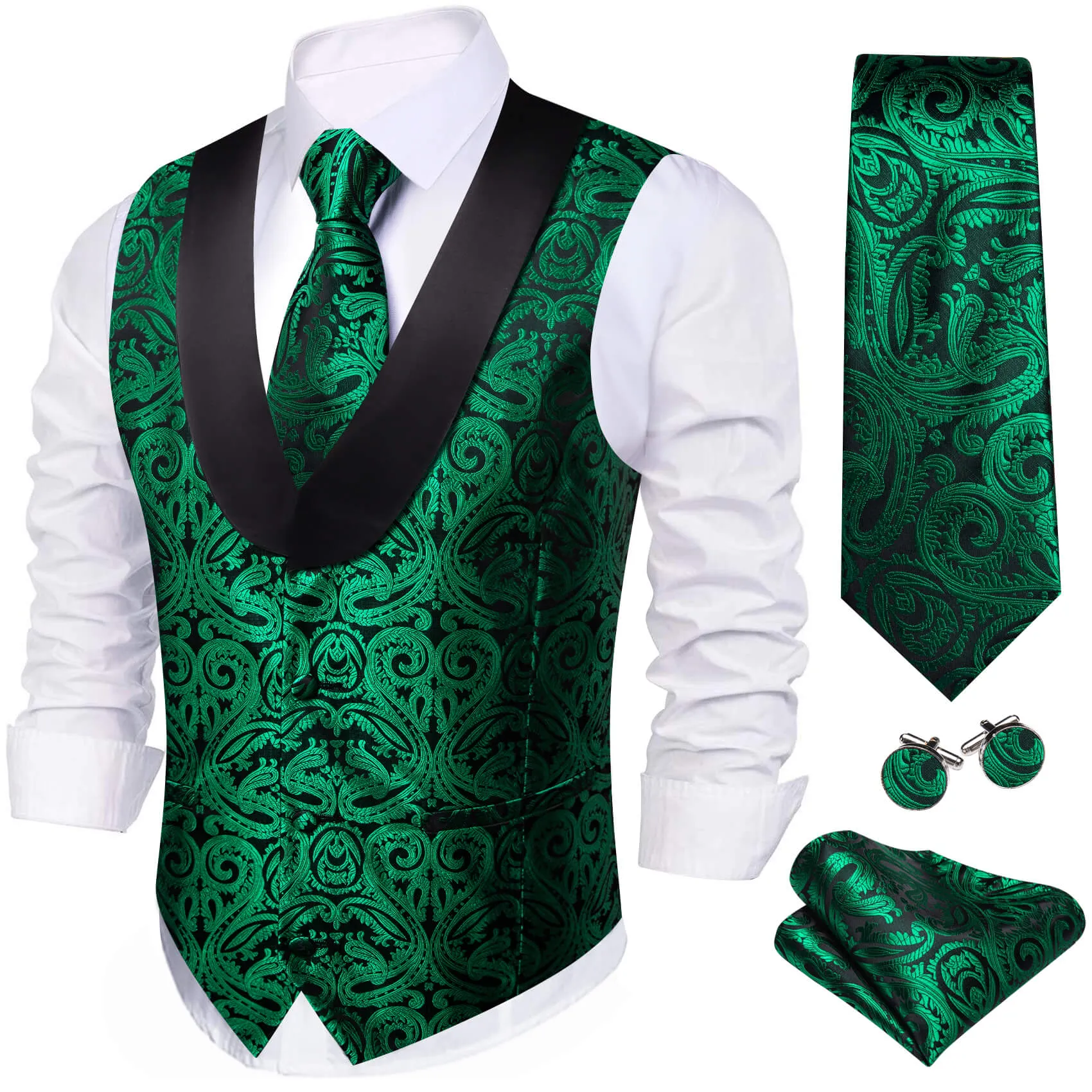 Ties2you Men's Vest Forest Green Paisley Shawl Collar Silk Vest Tie Set sold by Ties2You