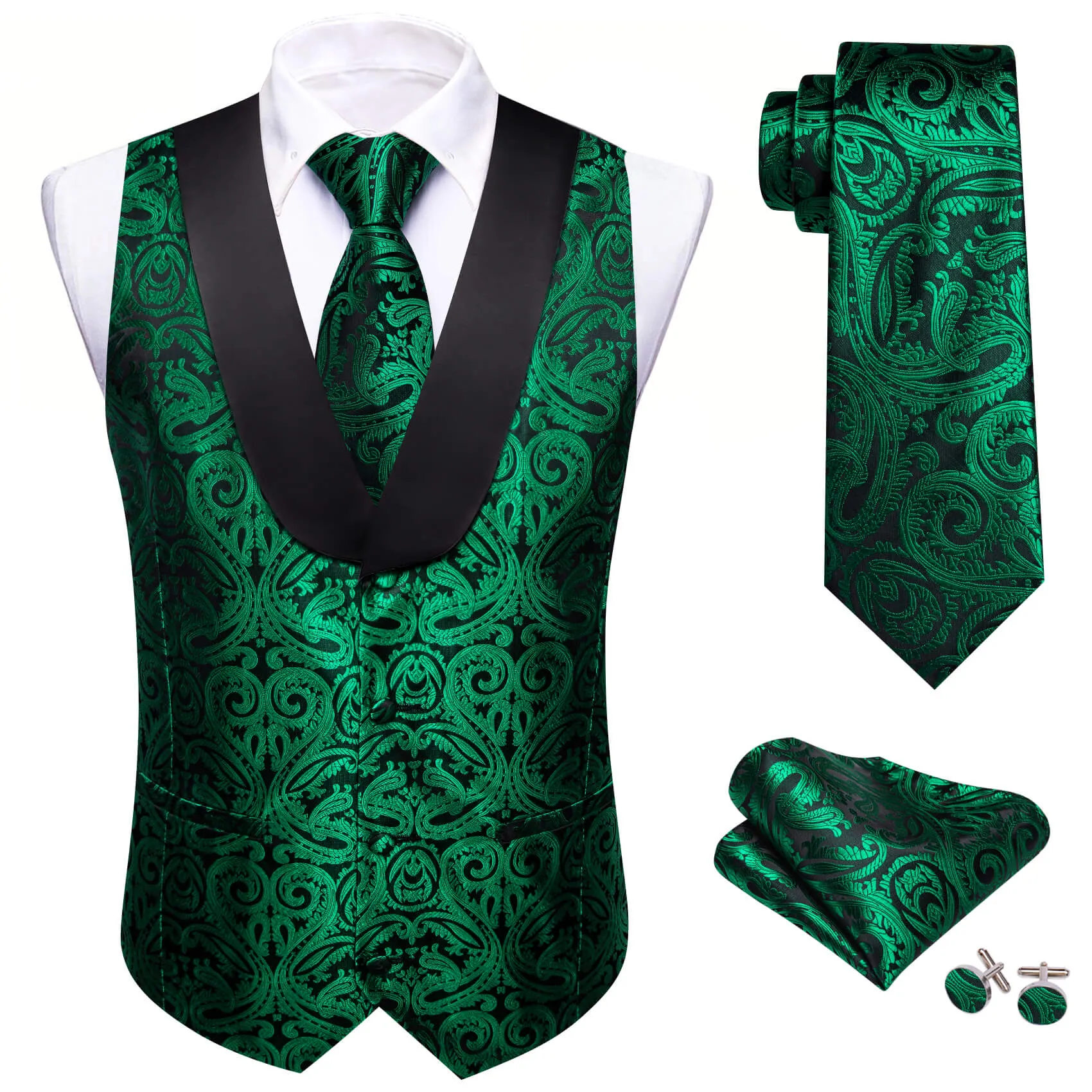Ties2you Men's Vest Forest Green Paisley Shawl Collar Silk Vest Tie Set sold by Ties2You product image thumbnail 2