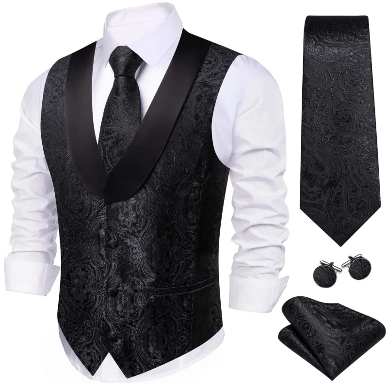 Ties2you Mens Shawl Collar Dress Vest Black Paisley Suit Vest Tie Hanky Cufflinks Set sold by Ties2You