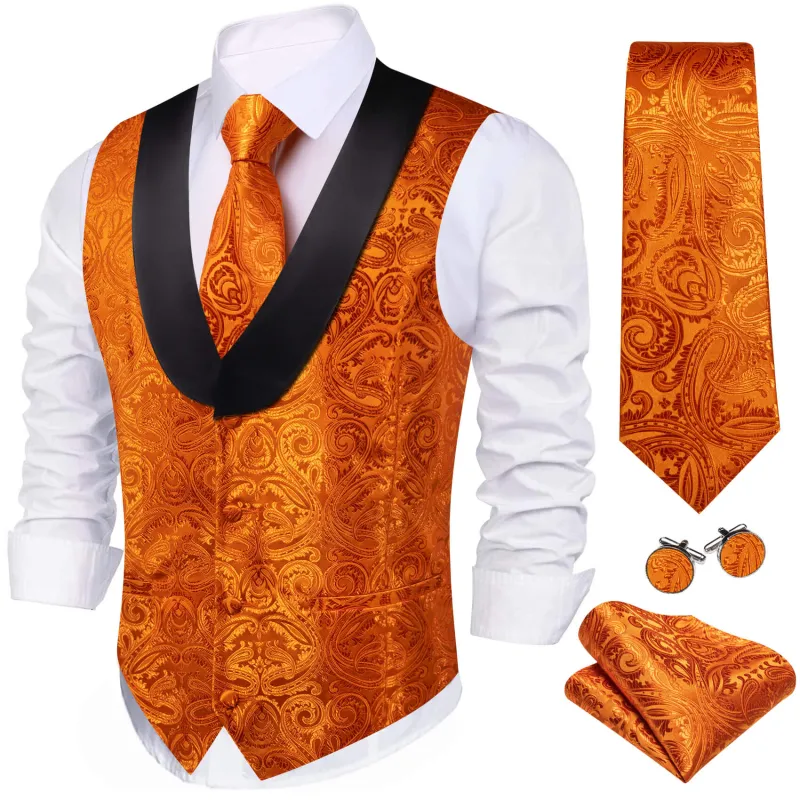 Ties2you Mens Shawl Collar Dress Vest Orange Paisley Suit Vest Tie Hanky Cufflinks Set sold by Ties2You