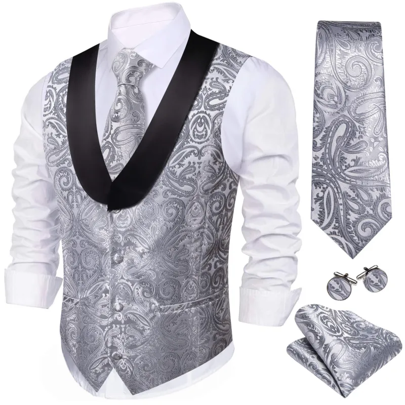 Ties2you Vest for Men Dark Gray Paisley Silk Shawl Collar Vest Tie Pocket Square Cufflinks Set sold by Ties2You