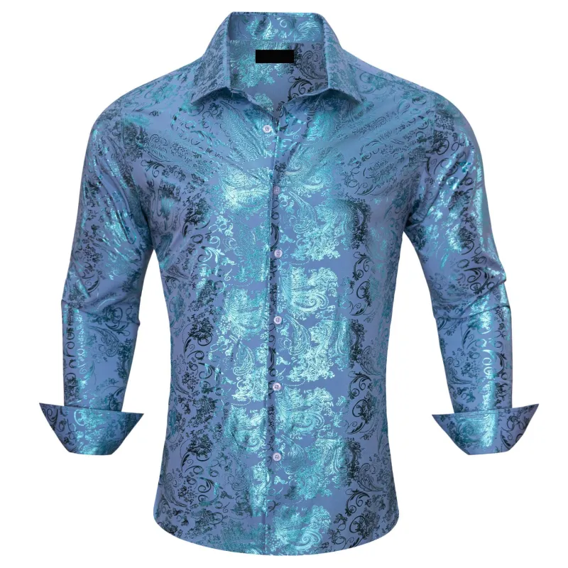 Ties2you Button Down Shirt Sky Blue Bronzing Floral Silk Long Sleeve Shirt for Men sold by Ties2You