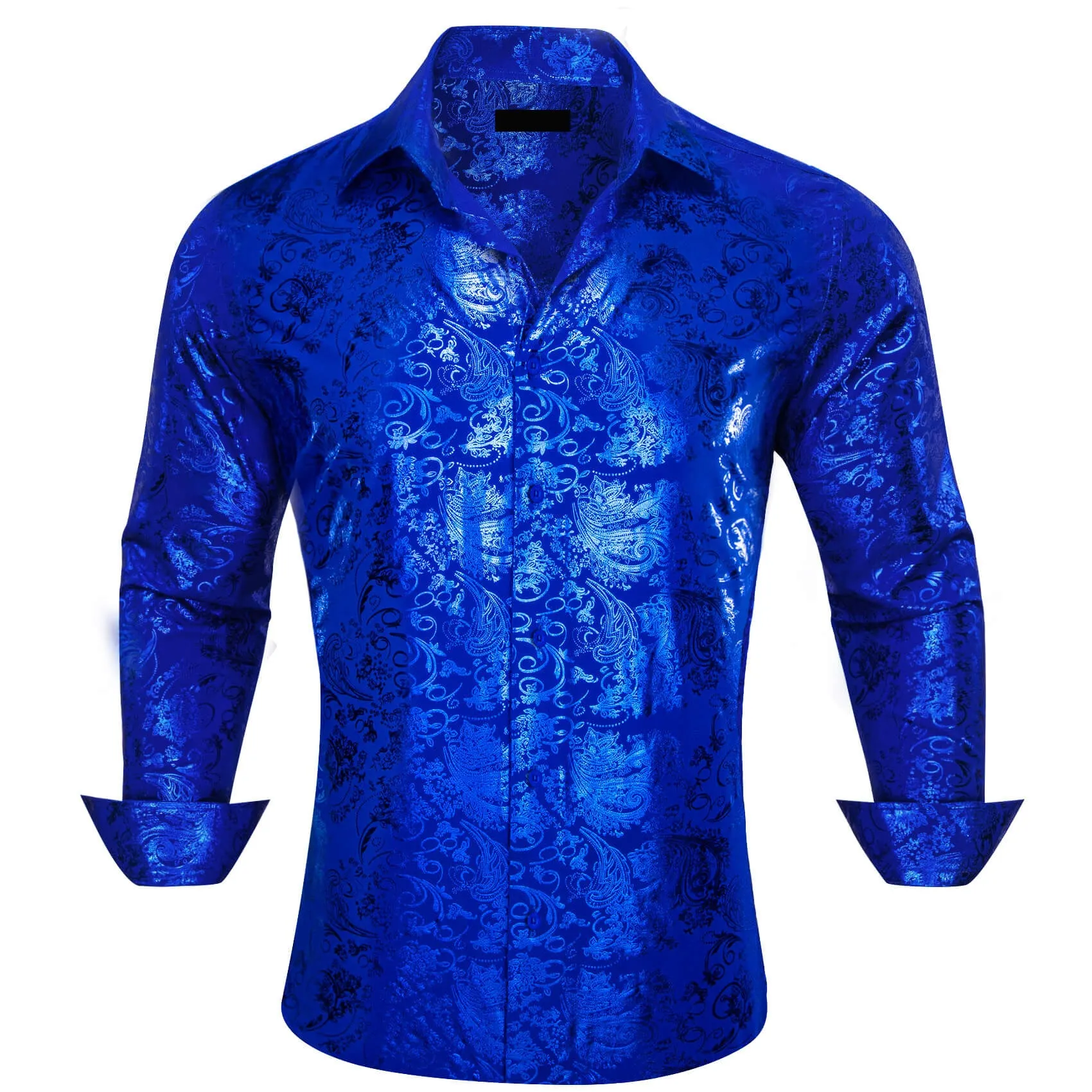 Ties2you Men's Shirt Cobalt Blue Bronzing Floral Button Down Silk Long Sleeve Shirt sold by Ties2You