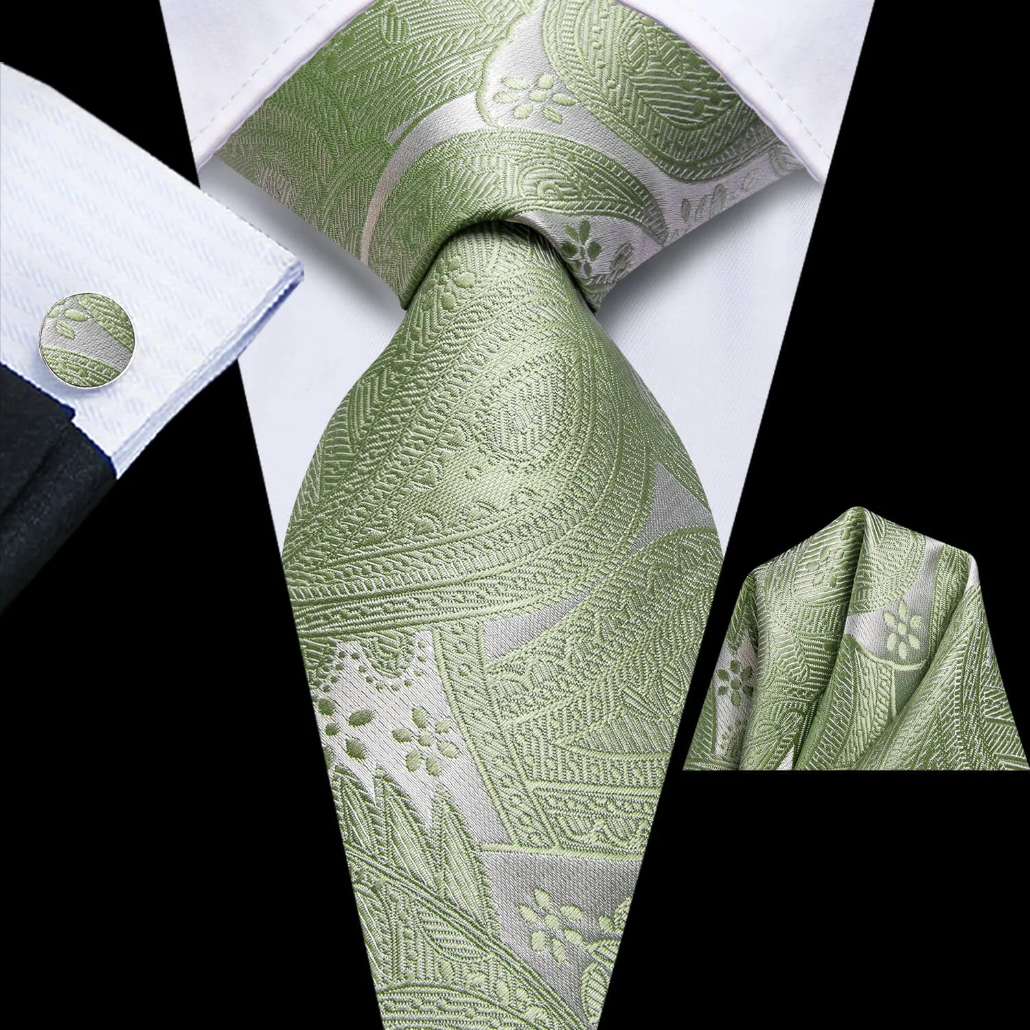 Ties2you Floral Tie Sage Green Grey Jacquard Weaving Men's Necktie Pocket Square Cufflinks Set sold by Ties2You