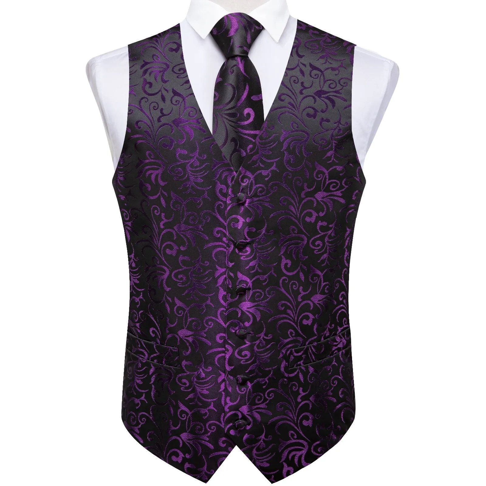 Ties2you Purple Floral Suit Vest Mens Black Prom Formal Waistcoat Tie Hanky Cufflinks Set sold by Ties2You product image thumbnail 3