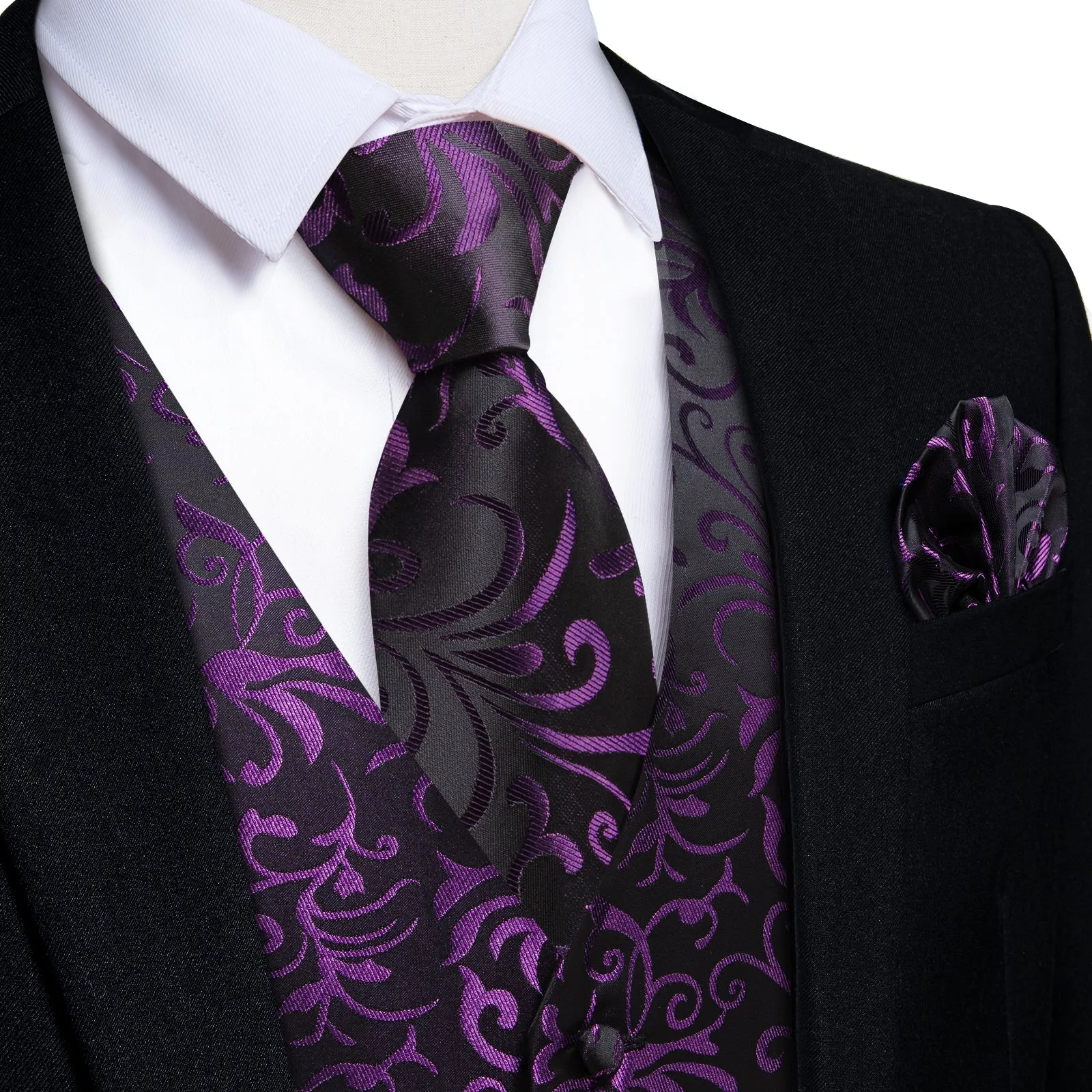 Ties2you Purple Floral Suit Vest Mens Black Prom Formal Waistcoat Tie Hanky Cufflinks Set sold by Ties2You