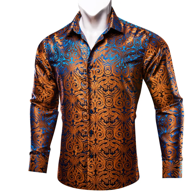 Luxury Shiny Brown Paisley Silk Men's Casual Business Long Sleeve Shirt sold by Ties2You