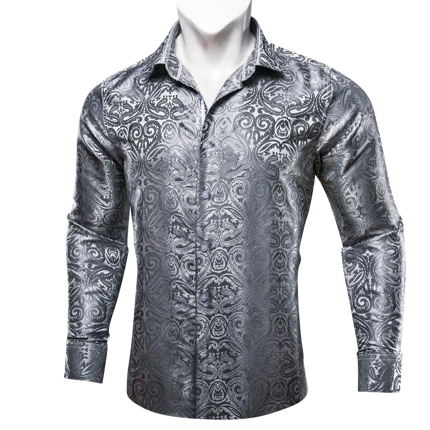 Ties2you Mens Silver 70s Disco Shirt Paisley Long Sleeve Button Down Shirt sold by Ties2You product image thumbnail 2