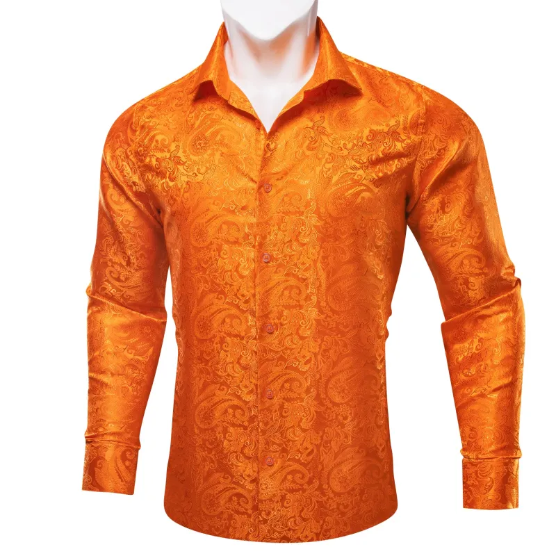 Orange Paisley Silk Men's Casual Business Long Sleeve Suit Shirt sold by Ties2You