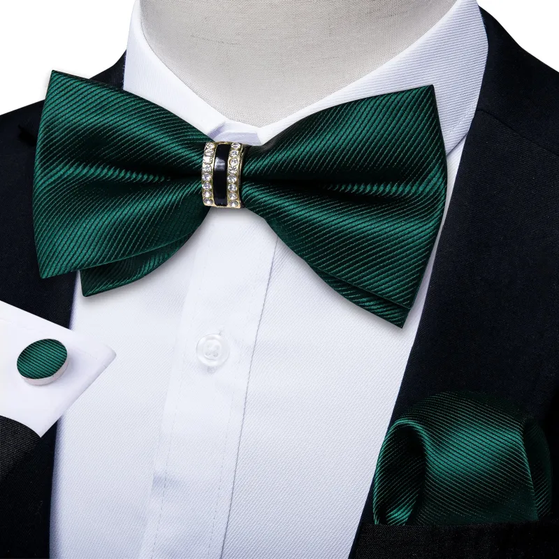 Dark Green Striped Classic Silk Pre-tied Ring Bow Tie Hanky Cufflinks Set sold by Ties2You