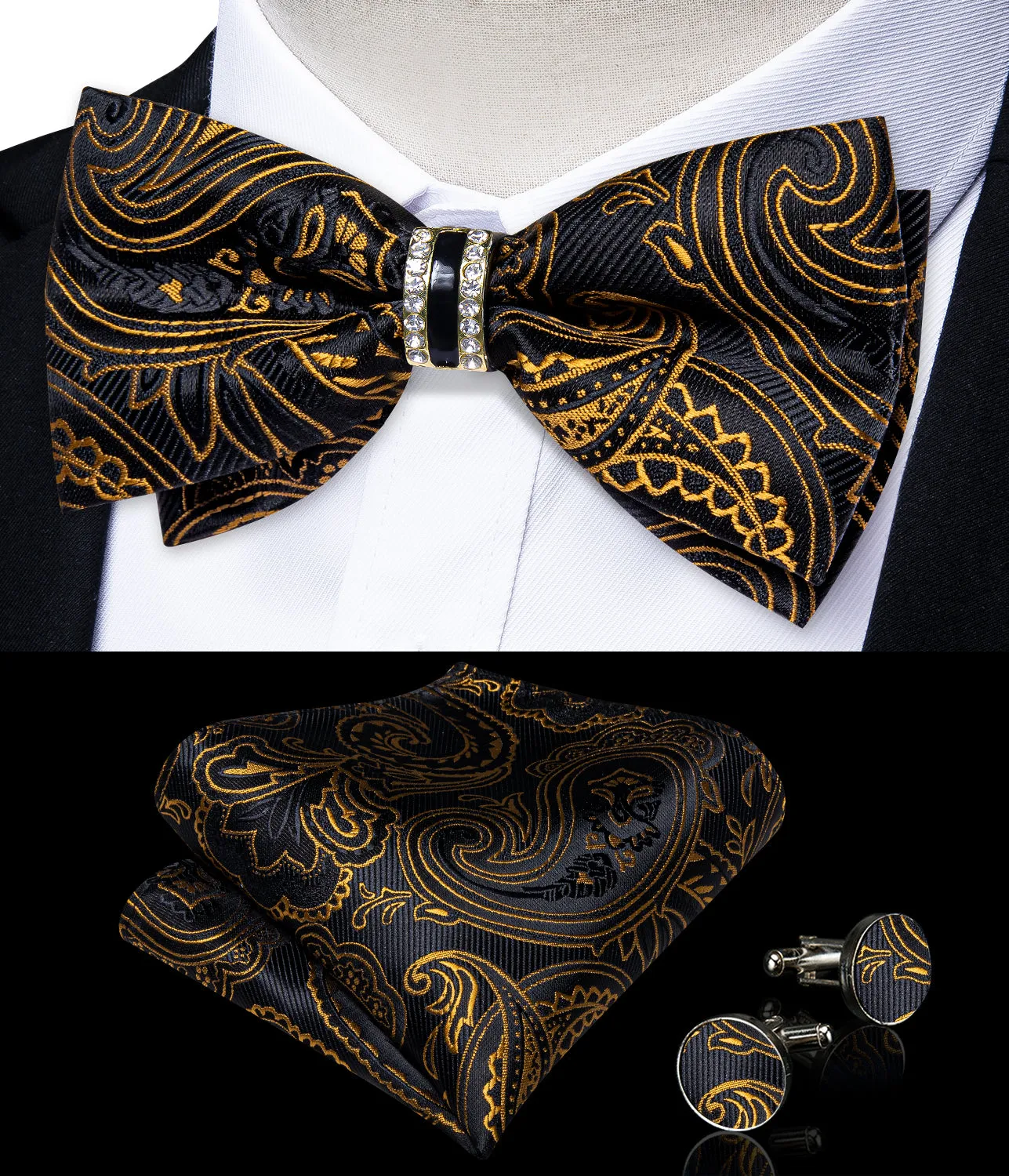 Black Yellow Paisley Luxury Silk Pre-tied Ring Bow Tie Hanky Cufflinks Set sold by Ties2You product image thumbnail 2