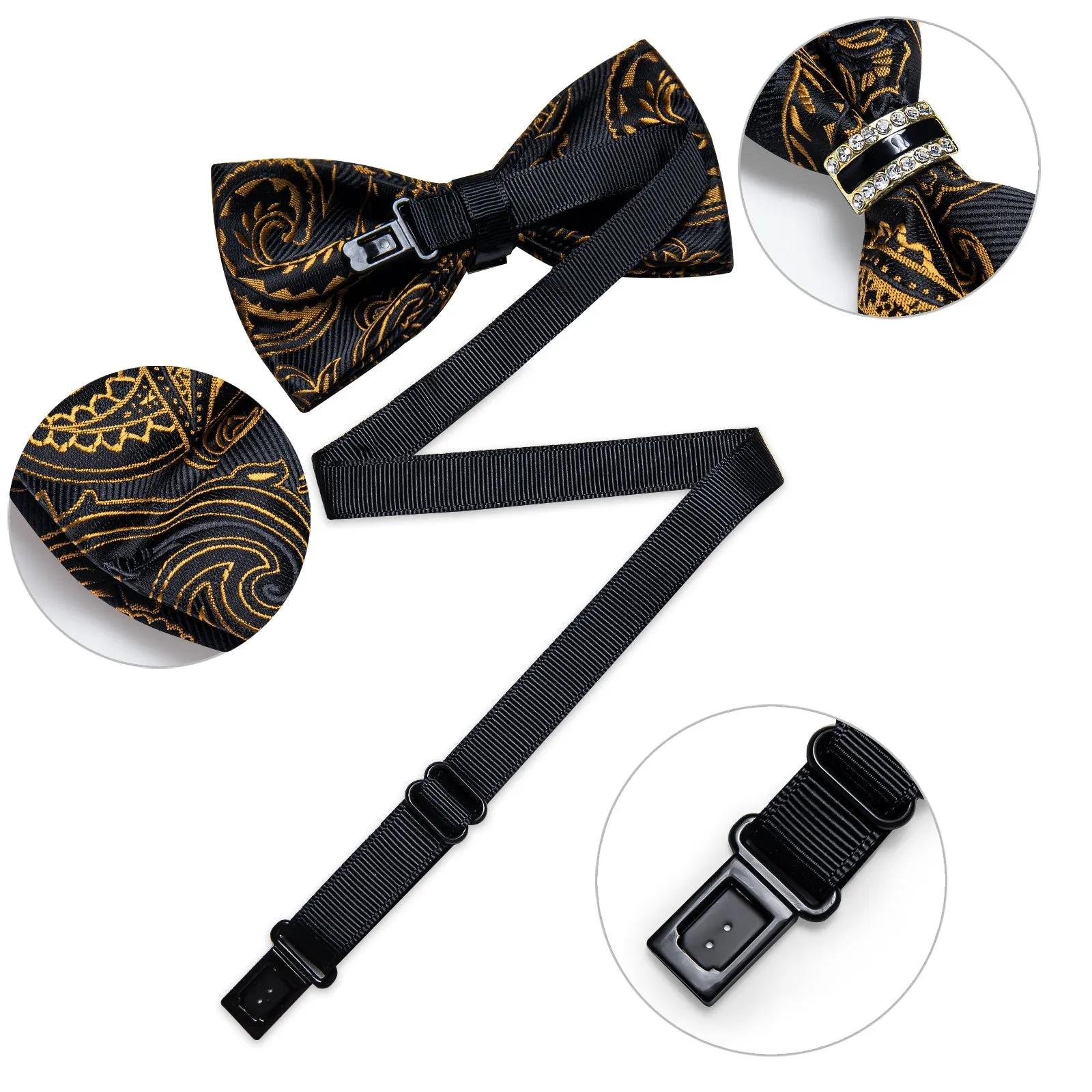 Black Yellow Paisley Luxury Silk Pre-tied Ring Bow Tie Hanky Cufflinks Set sold by Ties2You product image thumbnail 4