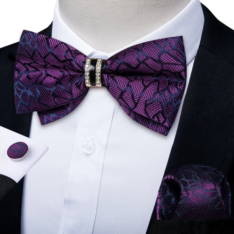 Dark Purple Blue Striped Herringbone Silk Pre-tied Ring Bow Tie Hanky Cufflinks Set sold by Ties2You