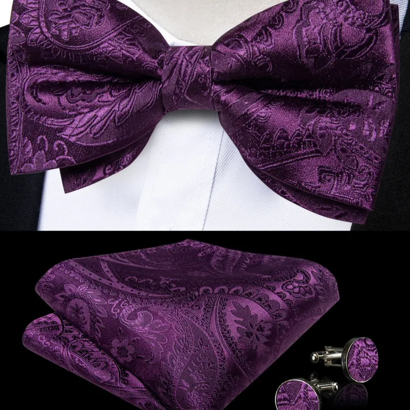Deep Purple Floral Luxury Men's Pre-tied Bowtie Pocket Square Cufflinks Set sold by Ties2You