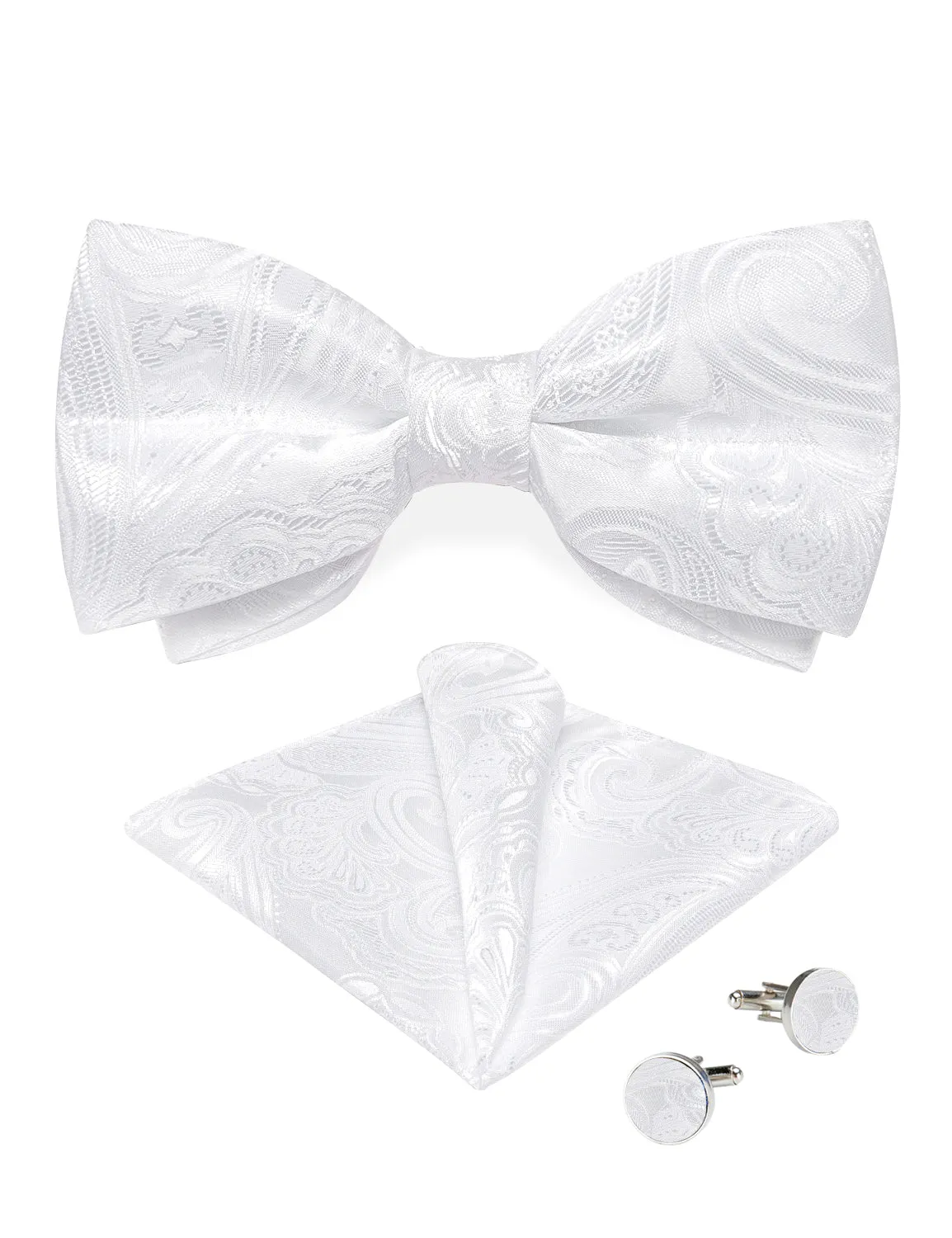 Classic White Floral Luxury Men's Pre-tied Bowtie Pocket Square Cufflinks Set sold by Ties2You product image thumbnail 4