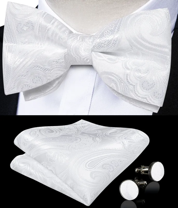 Classic White Floral Luxury Men's Pre-tied Bowtie Pocket Square Cufflinks Set sold by Ties2You