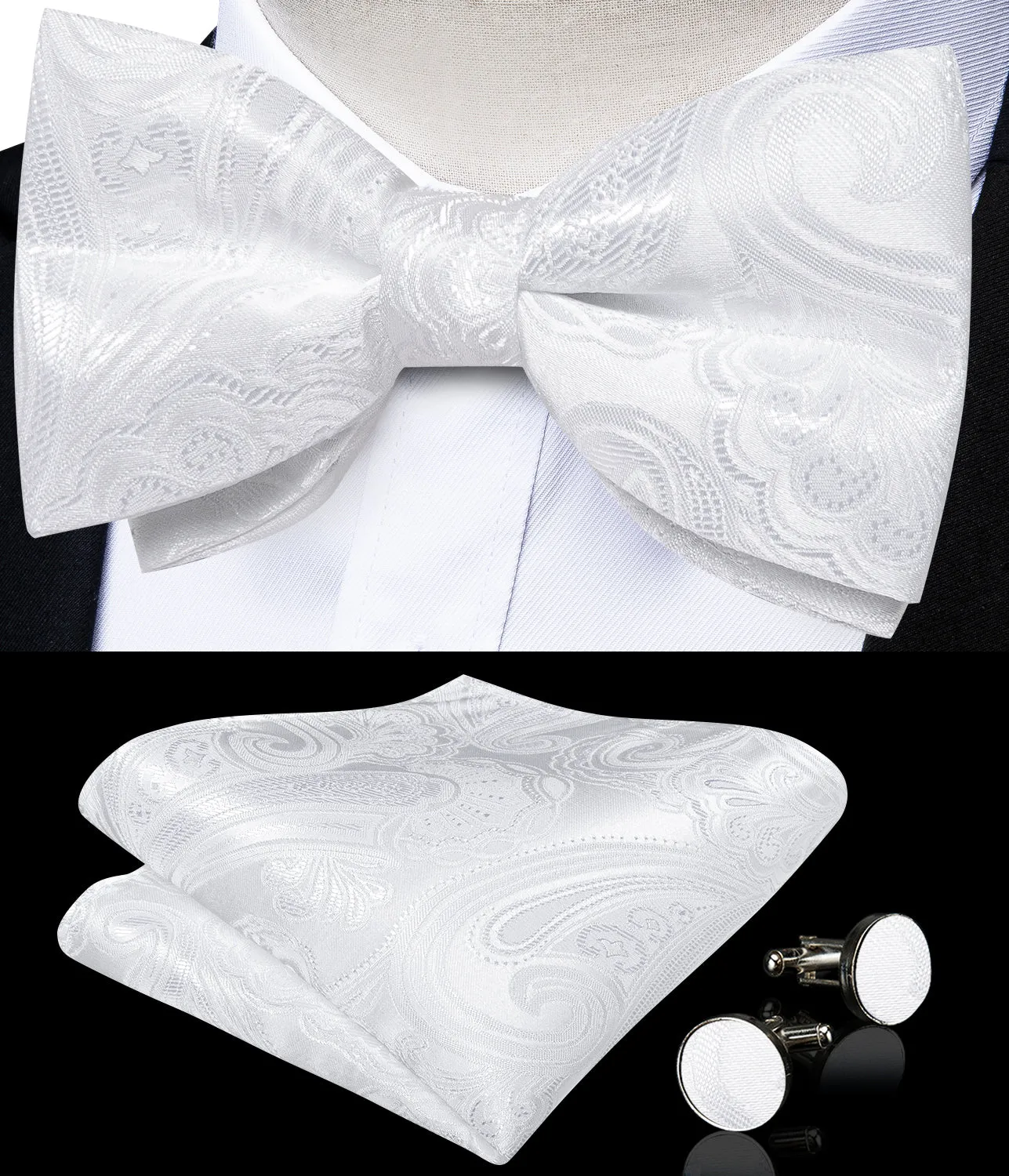 Classic White Floral Luxury Men's Pre-tied Bowtie Pocket Square Cufflinks Set sold by Ties2You