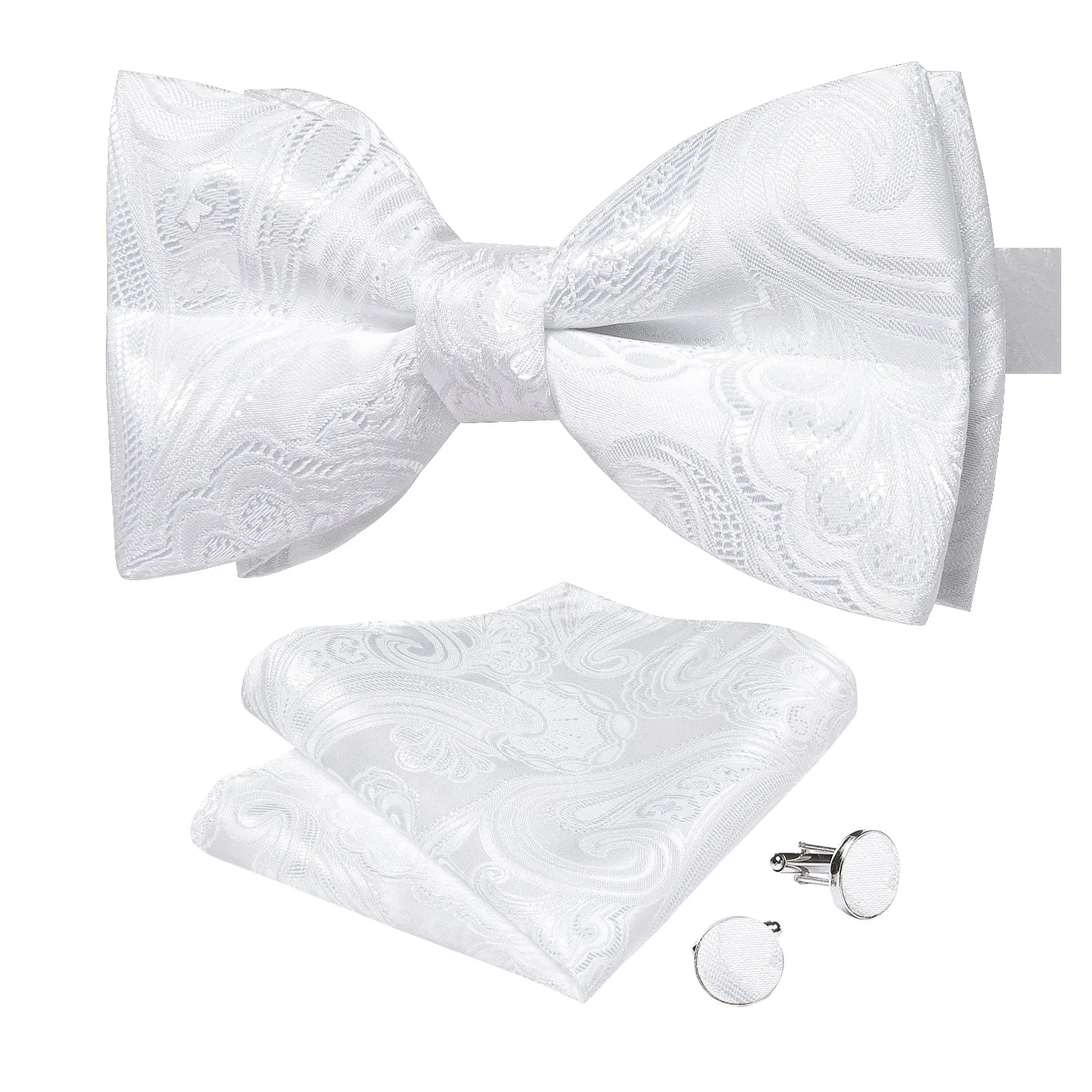 Classic White Floral Luxury Men's Pre-tied Bowtie Pocket Square Cufflinks Set sold by Ties2You product image thumbnail 5