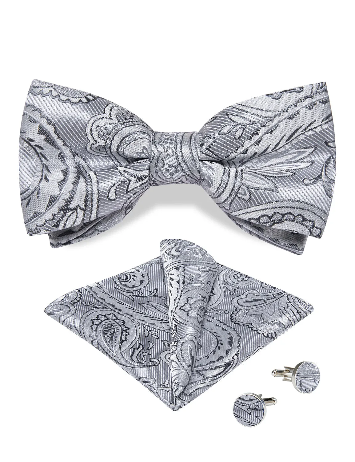 Silver Gray Paisley Luxury Men's Pre-tied Bowtie Pocket Square Cufflinks Set sold by Ties2You product image thumbnail 4
