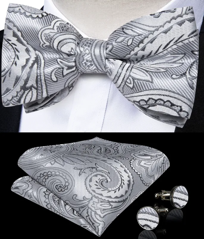 Silver Gray Paisley Luxury Men's Pre-tied Bowtie Pocket Square Cufflinks Set sold by Ties2You