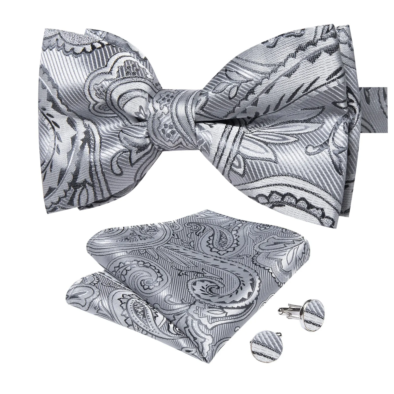 Silver Gray Paisley Luxury Men's Pre-tied Bowtie Pocket Square Cufflinks Set sold by Ties2You product image thumbnail 5