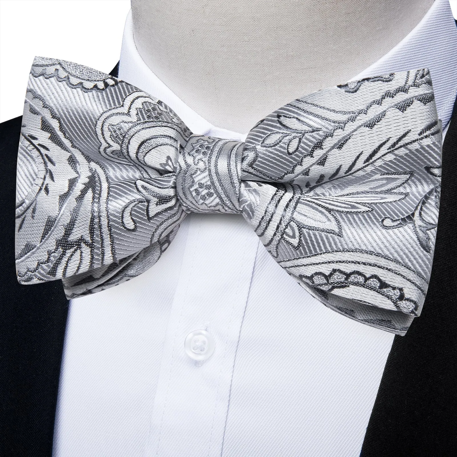 Silver Gray Paisley Luxury Men's Pre-tied Bowtie Pocket Square Cufflinks Set sold by Ties2You product image thumbnail 2
