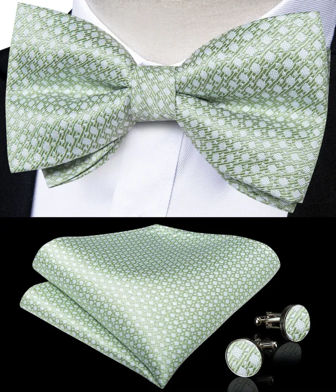 Light Green Geometric Casual Men's Pre-tied Bowtie Pocket Square Cufflinks Set sold by Ties2You