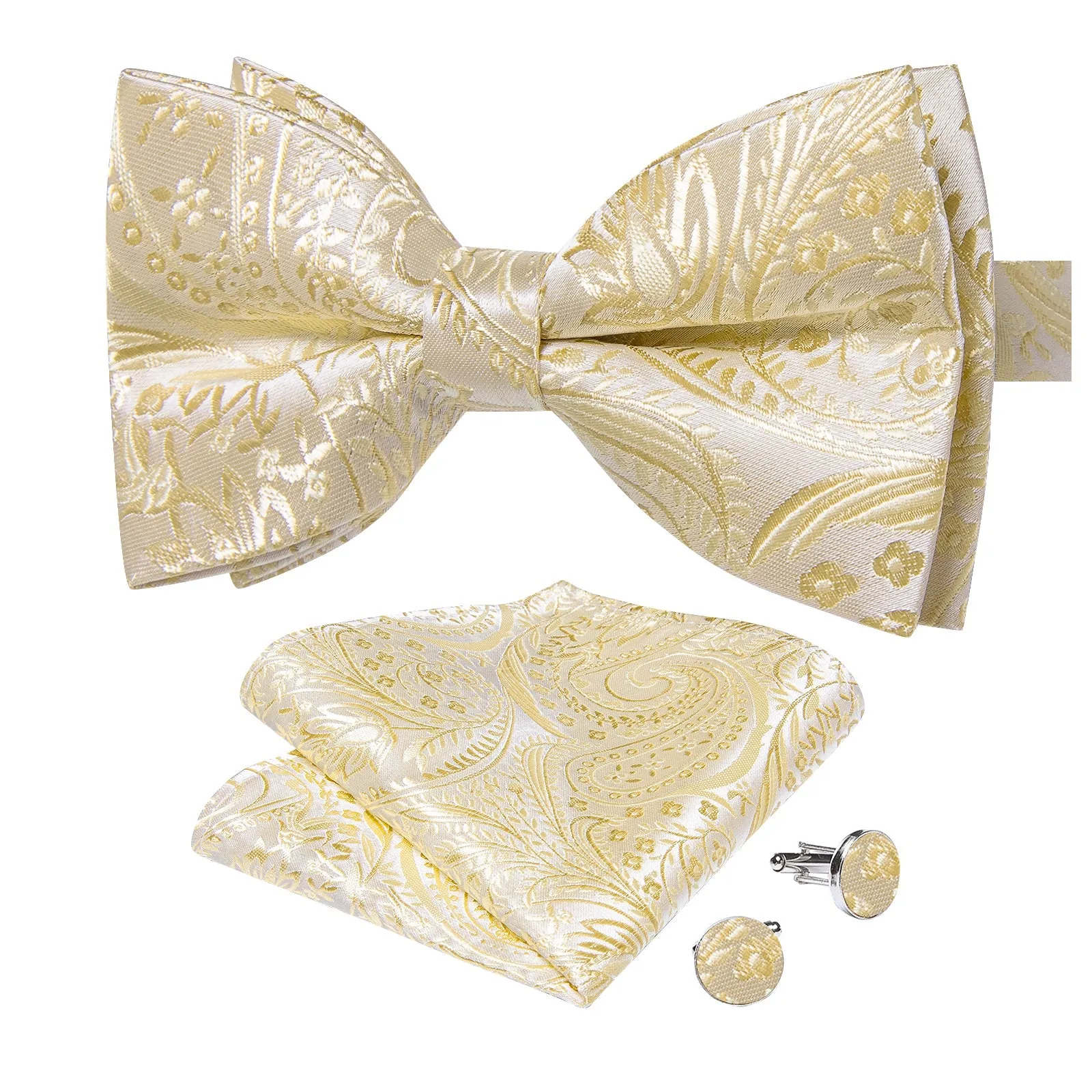 Classic Champagne Paisley Floral Men's Pre-tied Bowtie Pocket Square Cufflinks Set sold by Ties2You product image thumbnail 5
